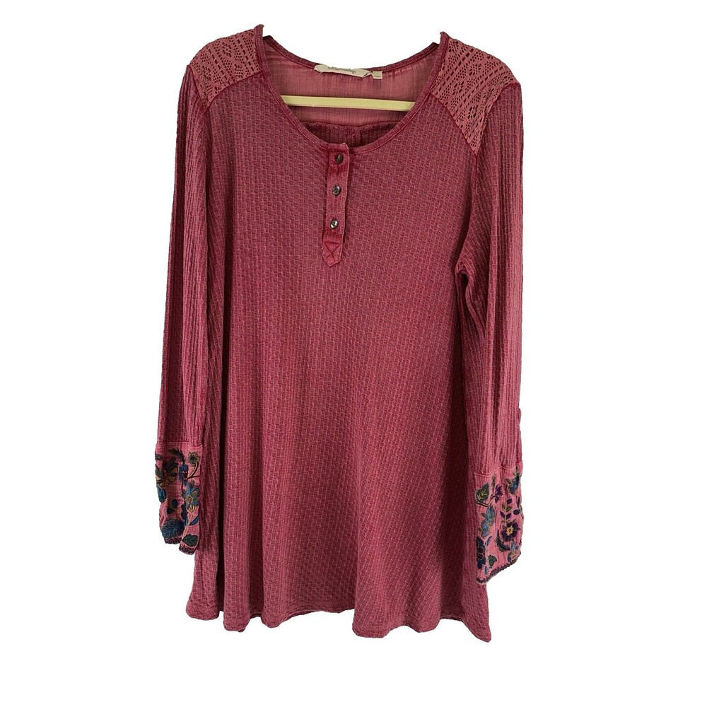 Soft Surroundings Palmer Tunic Shirt Waffle Knit Pink Floral Embroidered Large